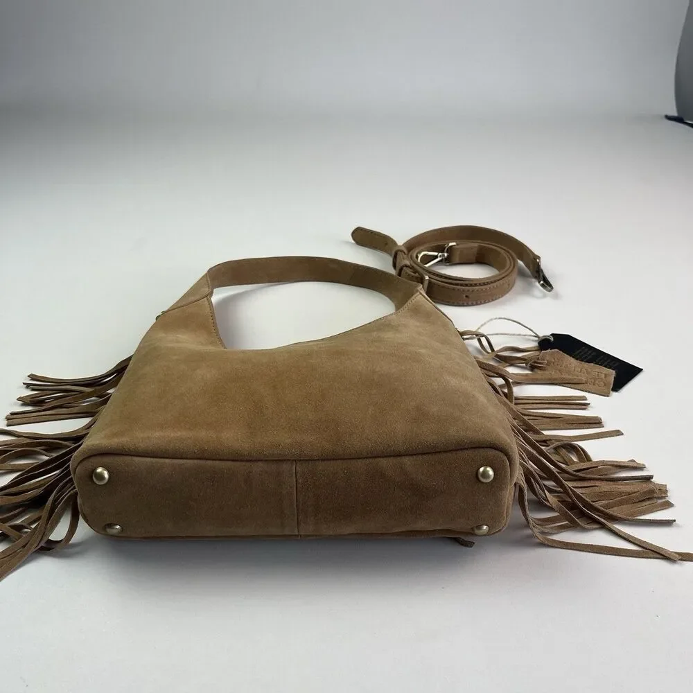NWT Western Fringe Suede Leather Hobo Bag Tan Cowgirl Festival Crossbody Purse